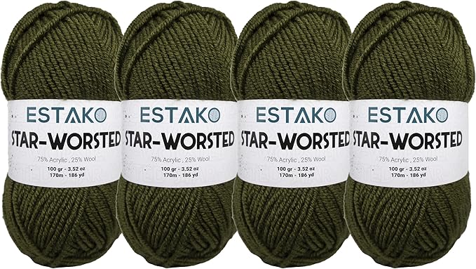 Estako Star-Worsted Yarn - (4 Skeins Pack) - 75% Acrylic 25% Wool - Soft Medium Weight #4 - (4 x 3.52 oz / 4 x 186 yds) - Crochet & Knitting Yarn (44065 - Khaki)