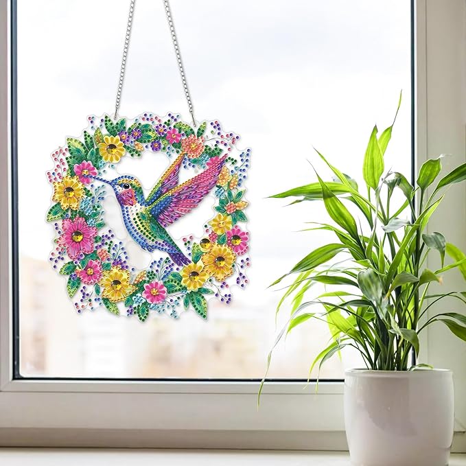 NAIMOER Diamond Art Hanging Kits for Adults Hummingbird Flower 5D Special Shaped Rhinestone, DIY Acrylic Diamond Art Painting Window Pendants Home Garden Wall Hanging Ornament Kits, Double Sided