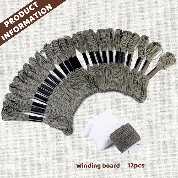24 Skeins Embroidery Thread,Gray Embroidery Cross Floss, Embroidery Thread Floss Set with Plastic Floss Bobbins,Needle Threader, Hand Sewing Needle