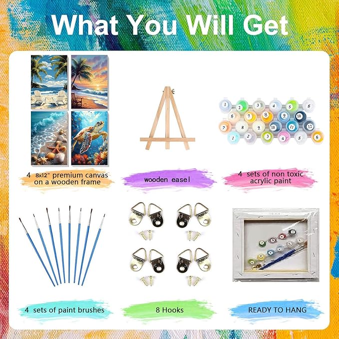 4 Pack Paint by Numbers for Adults with Framed Canvas - with Wooden Easel, Beach Paint by Number on Canvas, DIY Sea Turtle Acrylic Oil Painting Kits with Brushes for Home Wall Decor (8x12 inch)