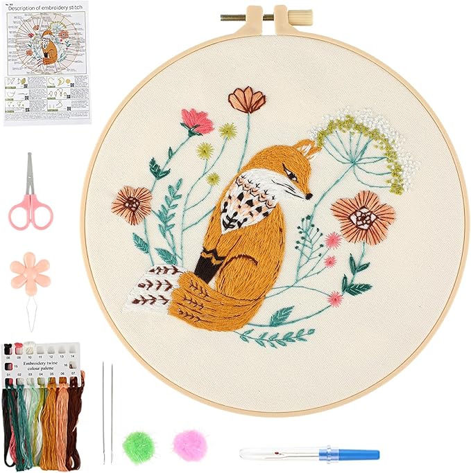 JOINRUN Beginner Embroidery Kit for Adults, Fox Cross Stitch Kits with 7.9" Hoop, Threads, Needles, Learn Stitches with Pre-Printed Patterns, Video Tutorial, DIY Needlework Craft Gift for Women
