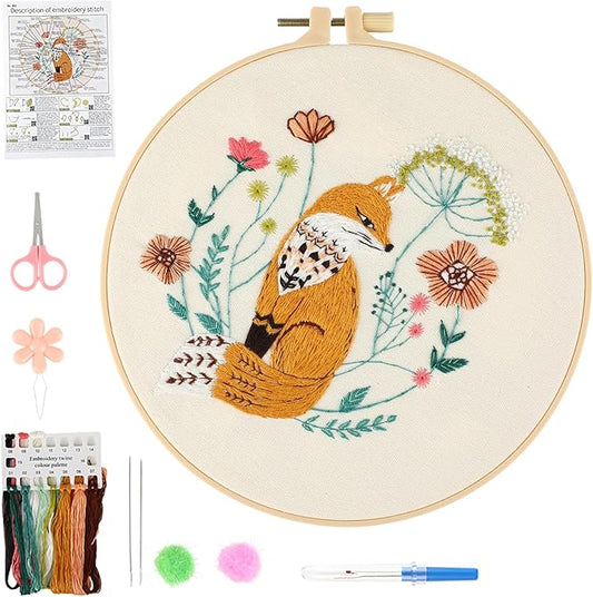 JOINRUN Beginner Embroidery Kit for Adults, Fox Cross Stitch Kits with 7.9" Hoop, Threads, Needles, Learn Stitches with Pre-Printed Patterns, Video Tutorial, DIY Needlework Craft Gift for Women