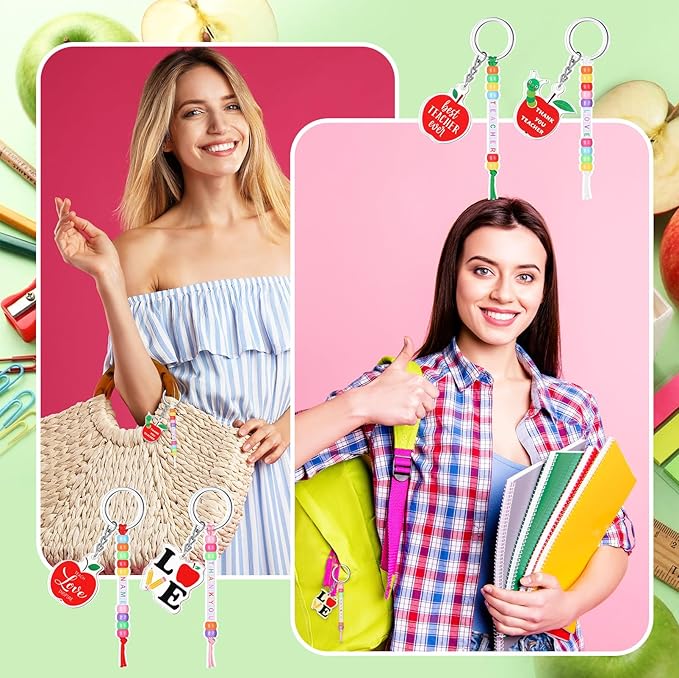 Suncalla 984 Pcs 24 Set Teacher Appreciation Gifts Keychain Making Kit DIY Cute Apple Charm Beads Key Chain Crafts Thank You for All You Do Adjustable Letter Cards Strings Kit Teacher Day Gift