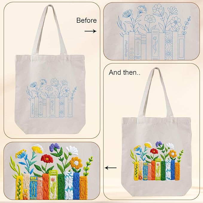 louise maelys embroidery kit canvas tote bag for beginners,cross stitch kits for adults,diy books flowers pattern,women shopping reusable grocery bags