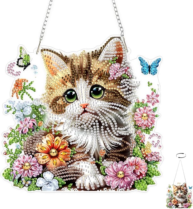 TOSTOG Beautiful Tabby Cat Diamond Art Pendant Kits for Adult, Diamond Painting Hanging Kit for Beginners, 5D DIY Crafts Gem Art, Waterproof Full Accessories for Home Decor Idea 20 * 20 cm/8 * 8 in