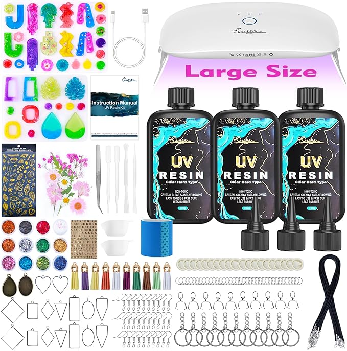 Suzzam UV Resin Jewelry Making Kit, 300g Crystal Clear UV Resin Kit with Molds, 30w & 22 Lamp Beads UV Resin Light Large for Craft Making Earrings, Necklaces, Keychains