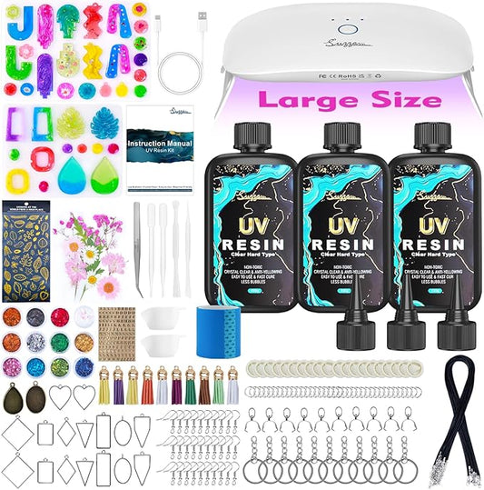 Suzzam UV Resin Jewelry Making Kit, 300g Crystal Clear UV Resin Kit with Molds, 30w & 22 Lamp Beads UV Resin Light Large for Craft Making Earrings, Necklaces, Keychains