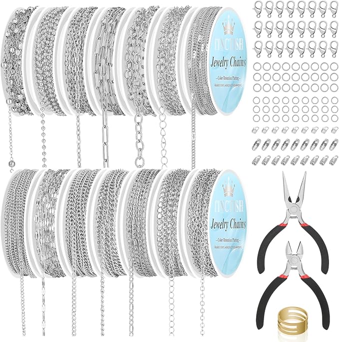 ROADPLUM 14Roll Silver Jewelry Making Kit - 102Ft Necklace Chains (Copper & Stainless Steel) with 2 Jewelry Pliers, 260+ Lobster Clasps, Jump Rings & Connectors