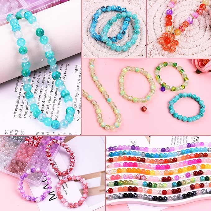 2080Pcs 8mm Glass Beads for Jewelry Making, 72 Colors Crystal Beads Bracelet Making Kit, Round Glass Beads for Bracelets and DIY Crafts, Solid, Crackle and Marble Colors, 3 Box
