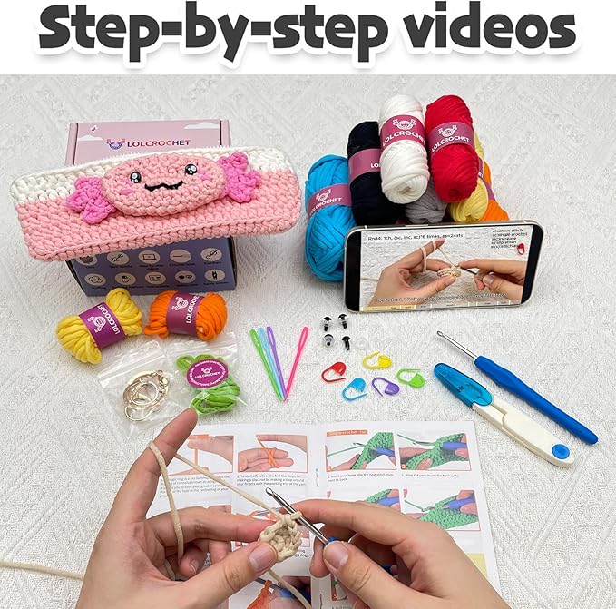 Axolotl Crochet Kit for Beginners, Learn to Crochet Pencil Bag Starter Set with Video Tutorial & Crocheting Manual, Easy Yarn Knitting Kit for Adult, DIY Amigurumi Birthday Xmas Gift Idea