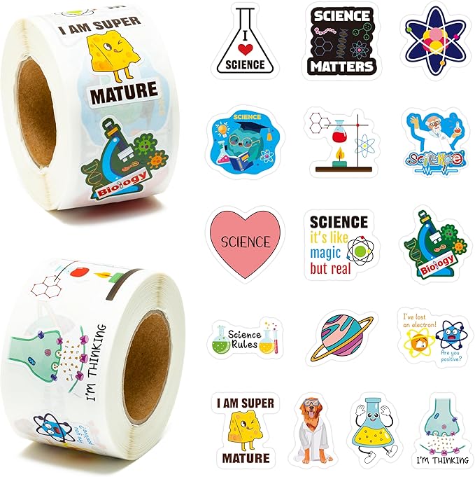 beyumi natural sciences roll stickers - 1000pcs biology experiment stickers in 2 rolls waterproof vinyl laboratory decals for laptop bottle notebook luggage computer classroom decor for kids students