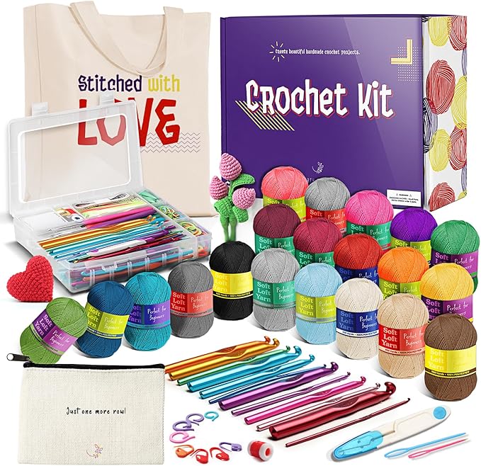 hearth & harbor 43 piece crochet kit for beginners adults and kids, small set with 9 hooks 55 yards of yarn crocheting kit, canvas tote bag lots more - beginner