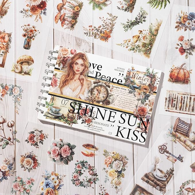 Stickers for Journaling, 20 Sheets Flower Junk Journal Sticker, PET Washi Materials Scrapbooking Supplies for Adults, People Women Planner Decorative Art Crafts