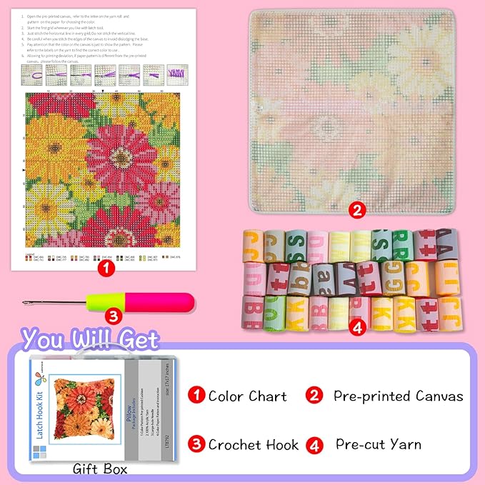 LAPATAIN Latch Hook Kits for DIY Throw Pillow Cover,Colorful Flowers Pattern Needlework Cushion Cover Hand Craft Crochet for Great Family 17x17inch