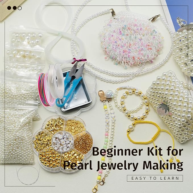 4244Pcs Beading Kit for Beginners,Full Set with 5 Sizes Round Pearl Beads and Gold Spacer Beads and Strings for Jewelry Making,DIY Pearlscent Bracelets/Necklaces/Phone Charm/Key Name Tag/Beaded Strap