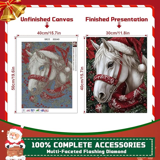 EMIEAUFG Christmas Diamond Art Kits for Adults, Christmas Horse Diamond Paiting Kit for Beginners, 5D DIY Round Full Drill Craft Diamond Dot Gem Art, Home Wall Decor 12" x 16"