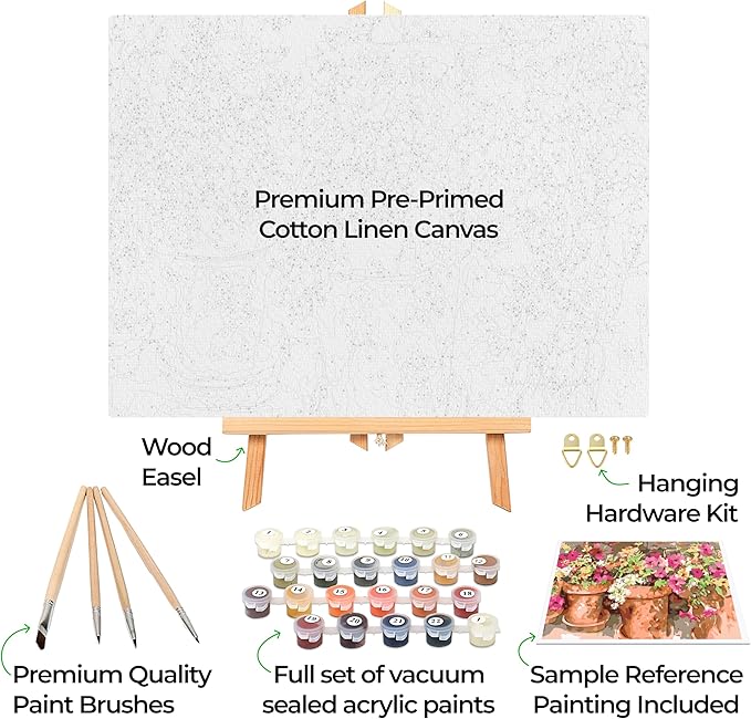 Ledgebay DIY Paint by Numbers Kit for Adults Framed Canvas Beginner to Advanced Paint by Numbers Kit, Kits Include Acrylic Paint Set, Brushes & Tabletop Easel (Sweet Petunias 12" x 16" Framed)