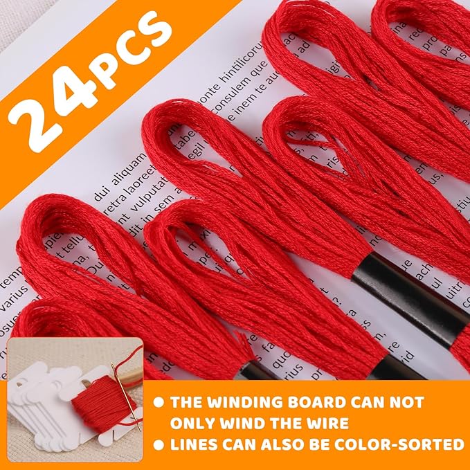 24 Skeins Red Embroidery Floss, Red Embroidery Cross Floss, Embroidery Thread Floss Set Including Plastic Floss Bobbins for Embroidery and Sewing