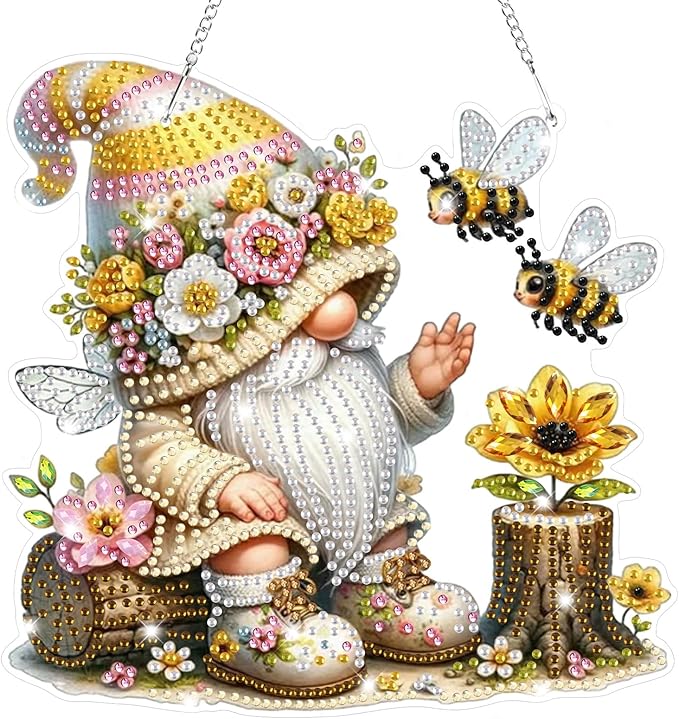 Bowetile Gnome Diamond Art Hanging Kits for Adults, 5D Special Shape Bee Diamond Painting Flowers Pendant Kits, Gem Art Suncatchers Painting Window Ornament for Home Garden Wall Decor