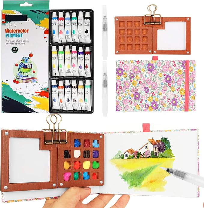 Travel Watercolor Set，Mini Paint Palette Travel kit，Mini Water Color Paint Set，Wooden 15 Grid Paint Box,18 Colors Small Watercolor Sketchbook for Artists Painters Students(Pink)