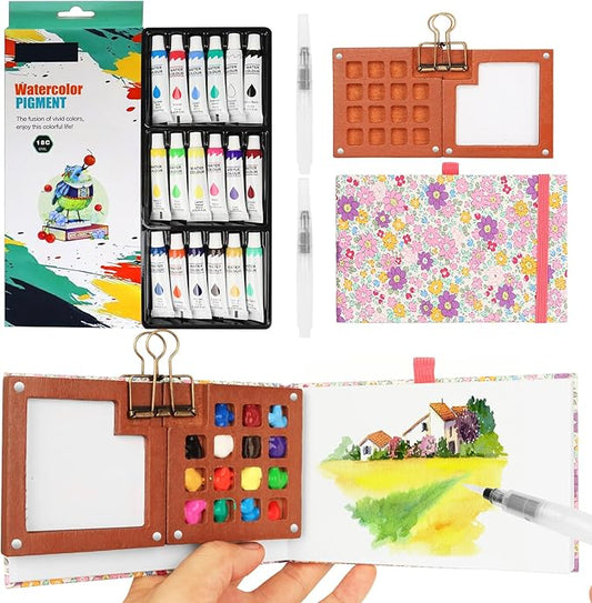 Travel Watercolor Set，Mini Paint Palette Travel kit，Mini Water Color Paint Set，Wooden 15 Grid Paint Box,18 Colors Small Watercolor Sketchbook for Artists Painters Students(Pink)