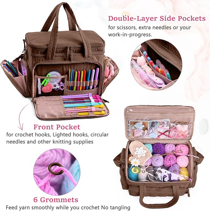 MYBAGZING Large Knitting & Crochet Bag Organizer for Yarn Storage, Double-Layer Knitting Project Bag with 6 Grommets, Yarn Organizer Tote for Knitting Supplies Crochet Hooks & Accessories Gift for Mom