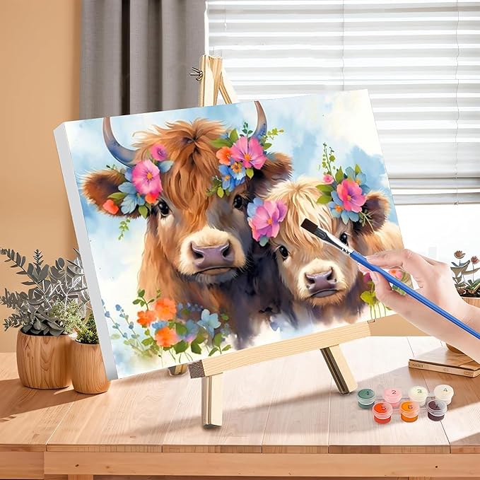 Highland Cow Paint by Numbers for Adults with Framed Canvas-with Wooden Easel,Cow Paint by Number on Canvas,DIY Acrylic Oil Painting Kits with Brushes Nice Gift Box for Home Wall Decor(16x20inch)