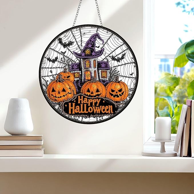 Wergund 5D DIY Halloween Diamond Art Hanging Kits, Hanging Diamond Art Pumpkin, Acrylic Special Shaped Rhinestone, Window Hanging Pendants for Home Wall Garden Front Door Outdoor Decor Gift(Halloween)