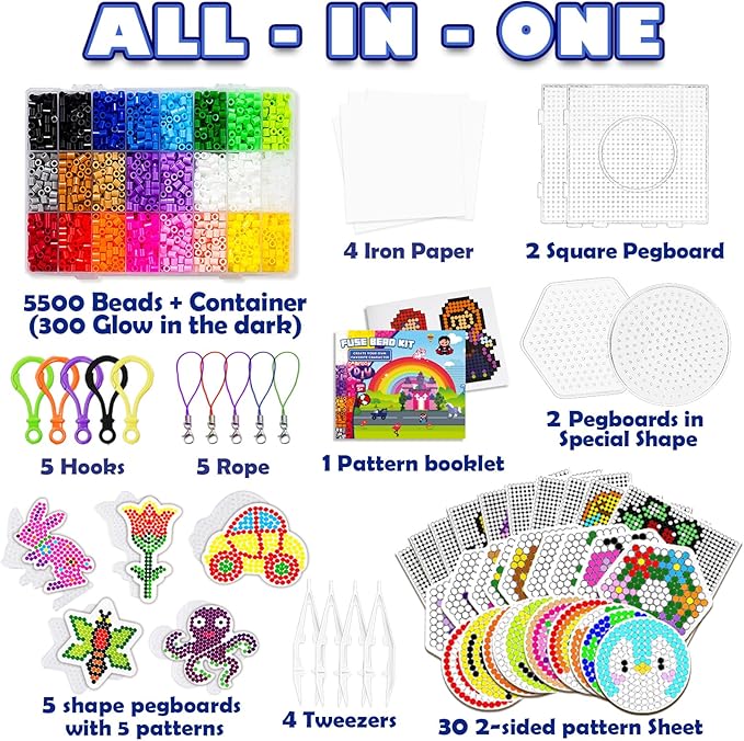 funzbo 5500 5mm fuse beads kit - 24 colors | 111 patterns, arts and crafts for girls and boys, kids toys set, gifts for kids, teens and adults age 5+ years old