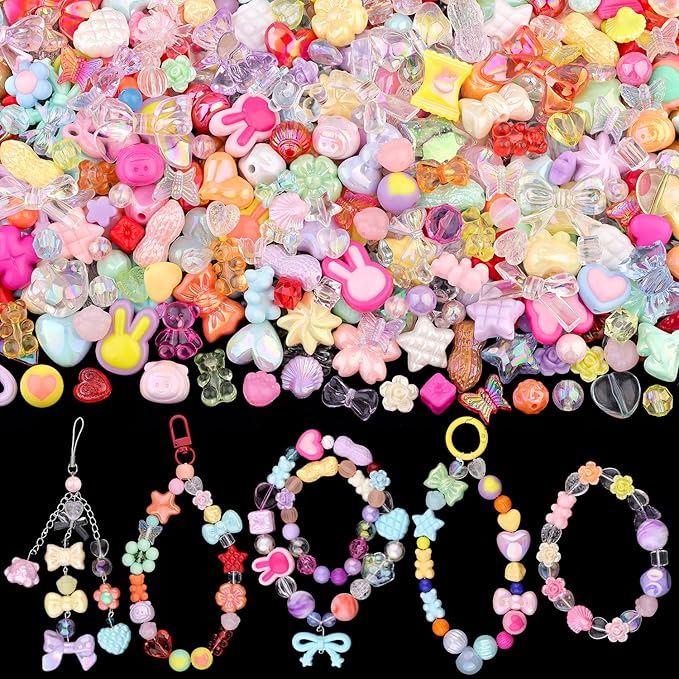 200-260pcs tinkrstuff assorted mixed colors acrylic beads for bracelet making,cute beads for jewelry making flower bow butterfly gummybear aesthetic bracelet charms,diy necklace keychain phone charm