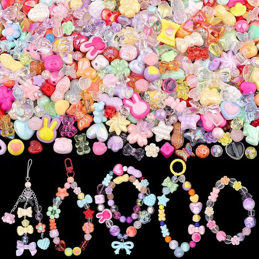 200-260pcs tinkrstuff assorted mixed colors acrylic beads for bracelet making,cute beads for jewelry making flower bow butterfly gummybear aesthetic bracelet charms,diy necklace keychain phone charm
