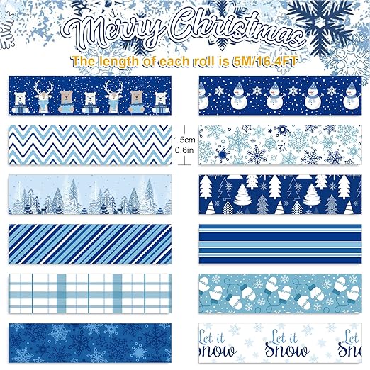 Whaline 12 Rolls Winter Washi Tape Blue White Snowflake Snowman Holiday Masking Tape Xmas Tree Reindeer Assorted Pattern Washi Tape for Scrapbook Journal DIY Craft Gift Wrapping Party Decor