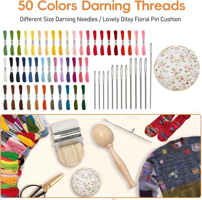 Mini Darning Loom,Egg Knitting Patch Kit with 14 Hooks Small Weaving Loom 13 Pcs Large Eye Needles 50 Color Threads for Handcraft DIY Weaving Repair Tool Darning Kit for Beginners Mending Jeans Socks