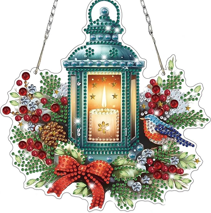 Bowetile Christmas Diamond Art Hanging Kits for Adults, Candlelight Diamond Art Suncatchers, 5D Special Shape Diamond Painting Pendant Window Ornament Christmas Gifts for Home Door Wall Decor