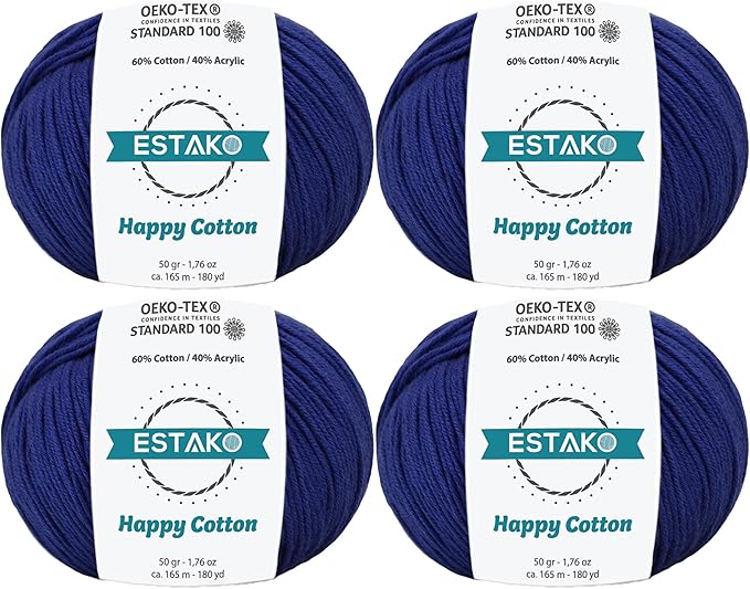 Estako Happy Cotton, (4 Skeins Pack) 60% Cotton 40% Acrylic Yarn, Soft, Fine/Sport (2) for Crochet and Knitting (4 x 1.76 Oz) / (4 x 180 Yrds) (4210 - Navy Blue)