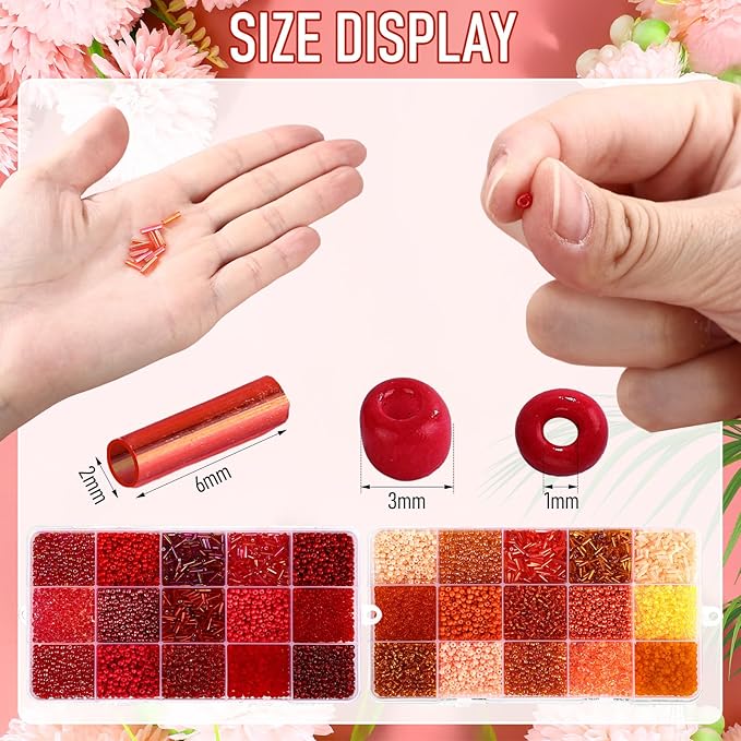 Misdary 30 Colors Glass Seed and Tube Bugle Beads Kit 2 Organizer Boxes Loose Beads for Jewelry Making DIY Crafts Bracelets and Necklaces(Red and Orange)