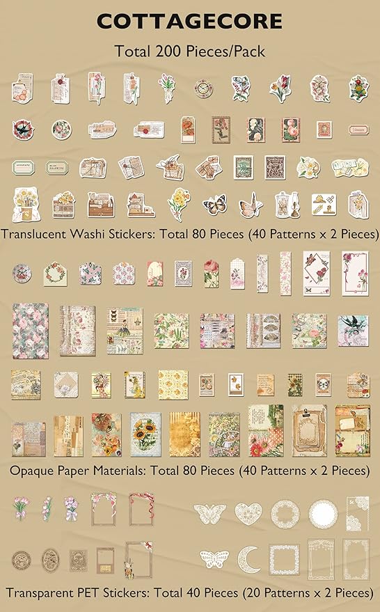 Knaid 200 Piece Vintage Ephemera Bundle - Paper & Sticker Kit for Junk Journaling, Scrapbooking, Planners, Bullet Journals, Collage, Decoupage - Cottagecore Themed - Pastel/Earthy Tones