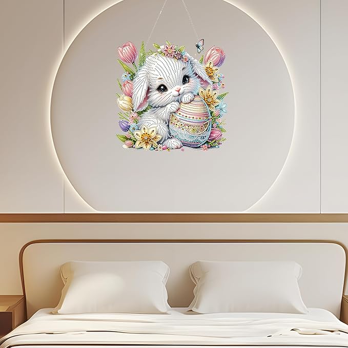 JJFox Diamond Art Hanging Kit for Adult,Special Shaped Rhinestone,DIY Acrylic Diamond Art Painting Window Pendants Home Garden Wall Hanging Kits Hanging Ornament,Double Sided (Easter Bunny)