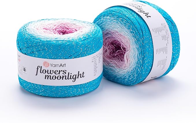 YarnArt Flowers Moonlight – Gradient Cotton Acrylic Yarn with Metallic Lurex, 9.17oz (250g), 1093 Yards – Shiny, Multicolor Cake Yarn for Crochet, Knitting, Shawls & DIY Projects (3294)