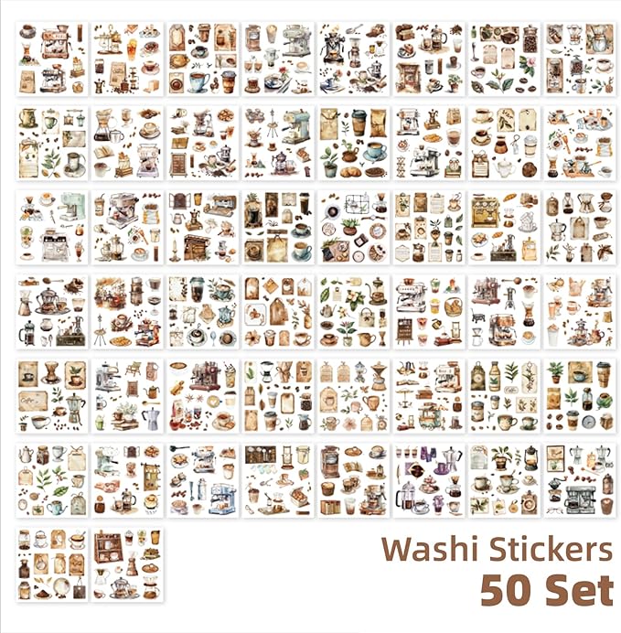 Coffee Themes Sticker Scrapbooking Supplies for Junk Journal, 50 Sheets Washi Stickers - Vintage Journaling Stickers, Ephemera Sticker Book Pre Cut(TZ-005-008)