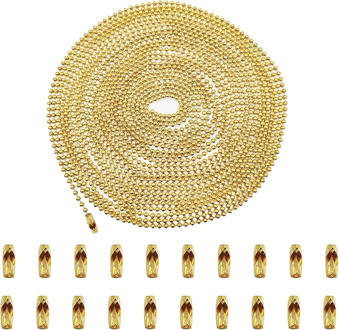 33 Feet Ball Chain Necklace, 2.4mm Ball Bead Chain with 30 Pieces Connectors Clasps,Metal Ball Chain for Dog Tag, Ceiling Fan Pull Chain Extender, Jewelry Making Kit, DIY Crafts (Gold)