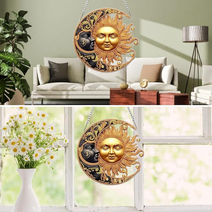 MXJSUA Sun and Moon Diamond Art Hanging Kits for Adults Beginners, Crystal Diamond Suncatchers, Special Shape Diamond Painting Pendant Window Ornament Gifts for Home Garden Door Wall Decor
