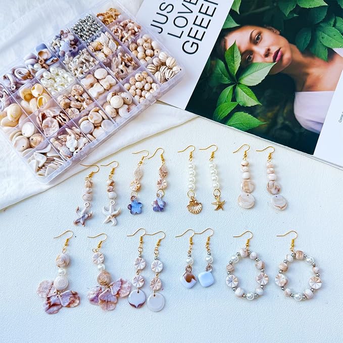 610Pcs Ocean Beads for Bracelets Making Kit, Shell Beads for Jewelry Making, Imitation Boho Shell Turtle Starfish Shape Sea Beach Bead Charms for Summer Sea Dangle Pendant Earring DIY Craft Necklace