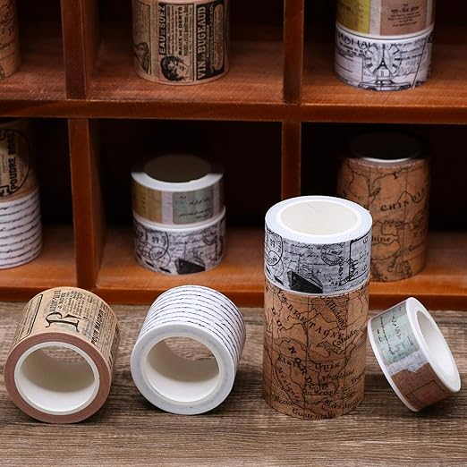Knaid Vintage Washi Tape Set, Assorted 5 Rolls of Decorative Colored Masking Tapes for Scrapbooking, DIY Decor and Crafts, Bullet Journals, Planners, Junk Journal, Gift Wrapping