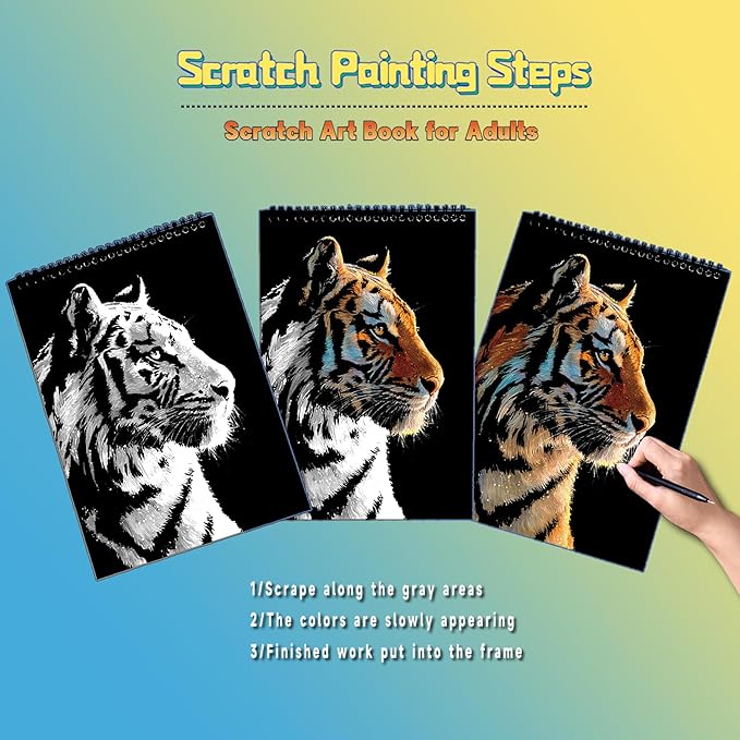 Animals Scratch Art Book for Adults-Colorful Animal Scratch Paper|Scratch Painting Paper Craft Kit|Creative Foil Engraving Scratch Art|Stress Relief Gift for Craft Lovers(Animal Series 2)