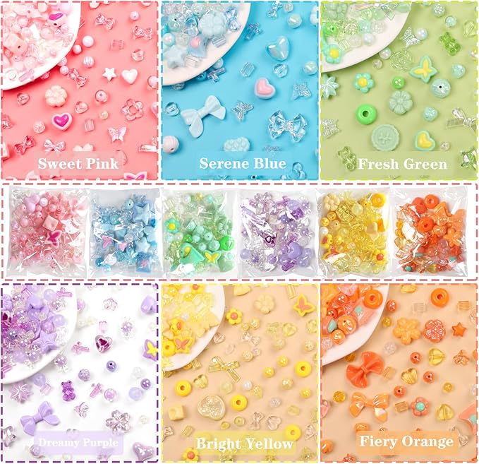 HSONAIGEE 300-360 Pieces Acrylic Beads for Bracelet Making, Assorted 6 Colors Cute Beads Charms Jewelry Making Kit Flower Heart Gummy Bear Star Beads for DIY Crafts Phone Charms