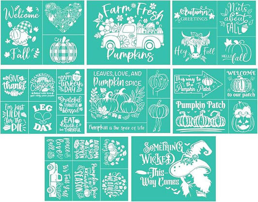 DGAGA 8PCS Autumn Silk Screen Stencils Reusable Pumpkin Self Adhesive Chalk Mesh Stencils Halloween Silkscreen Transfers for Painting on Wood,Craft,DIY Fall Screenprinting Starter Kit for Chalk Paste