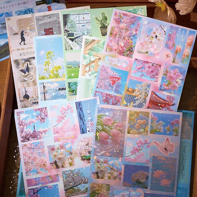 Japanese Kawaii Sticker Book - 20 Sheets Cute Cherry Blossom Island Vibe Stickers for Journals, Planners, Scrapbooking & Water Bottles - Holographic Glitter Vinyl Decals (277 Pcs, Pink)