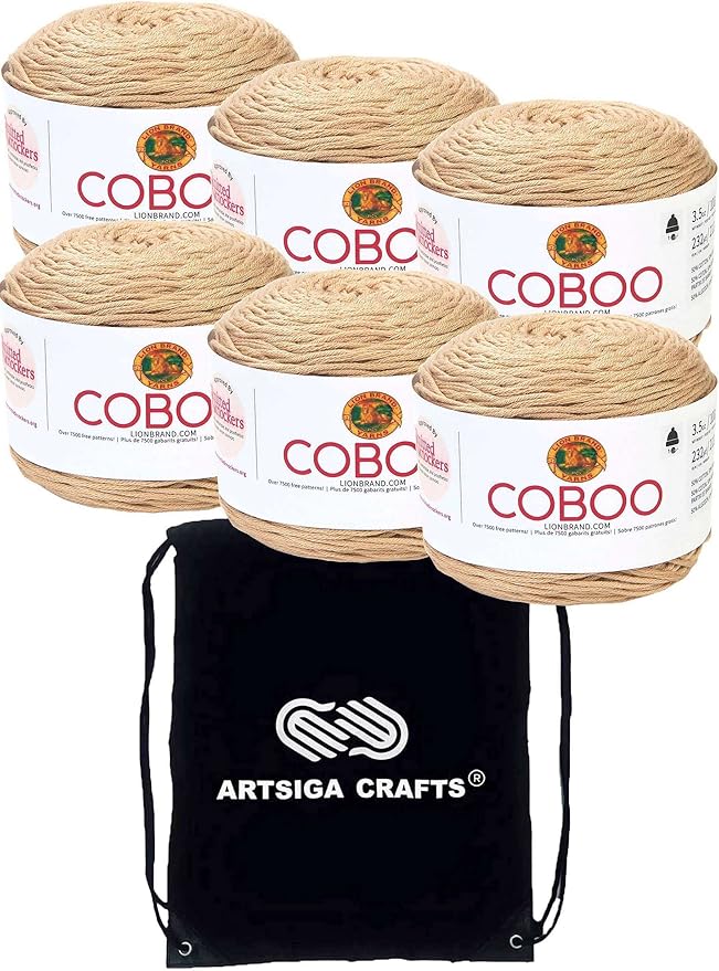 Lion Brand Coboo Beige 835-122 (6-Skeins - Same Dye Lot) DK Light Worsted #3 Cotton, Bamboo Yarn for Crocheting and Knitting with Project Bag
