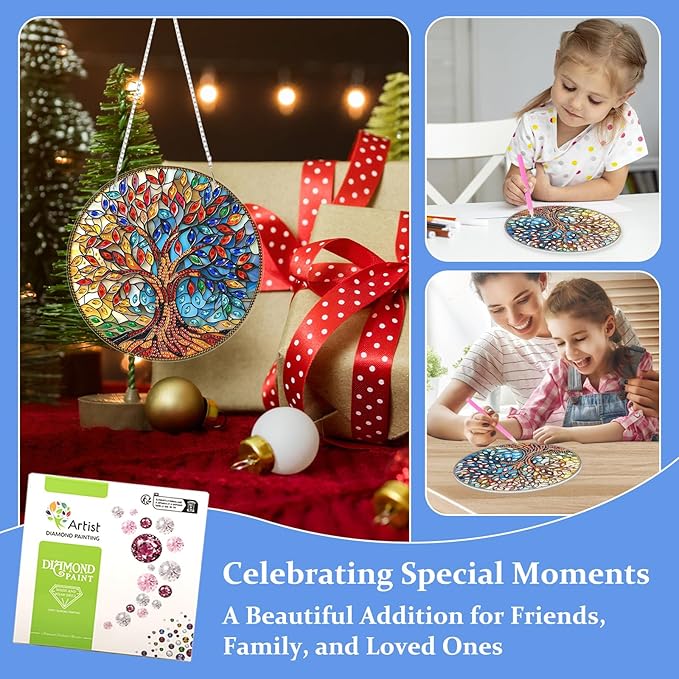 Lxmsja DIY Stained Glass Tree of Life Diamond Painting Hanging Ornament, Double-Sided Acrylic Colorful Leaves Diamond Art Kit, Special Shaped Suncatcher Hanging Pendant Window Art Kit